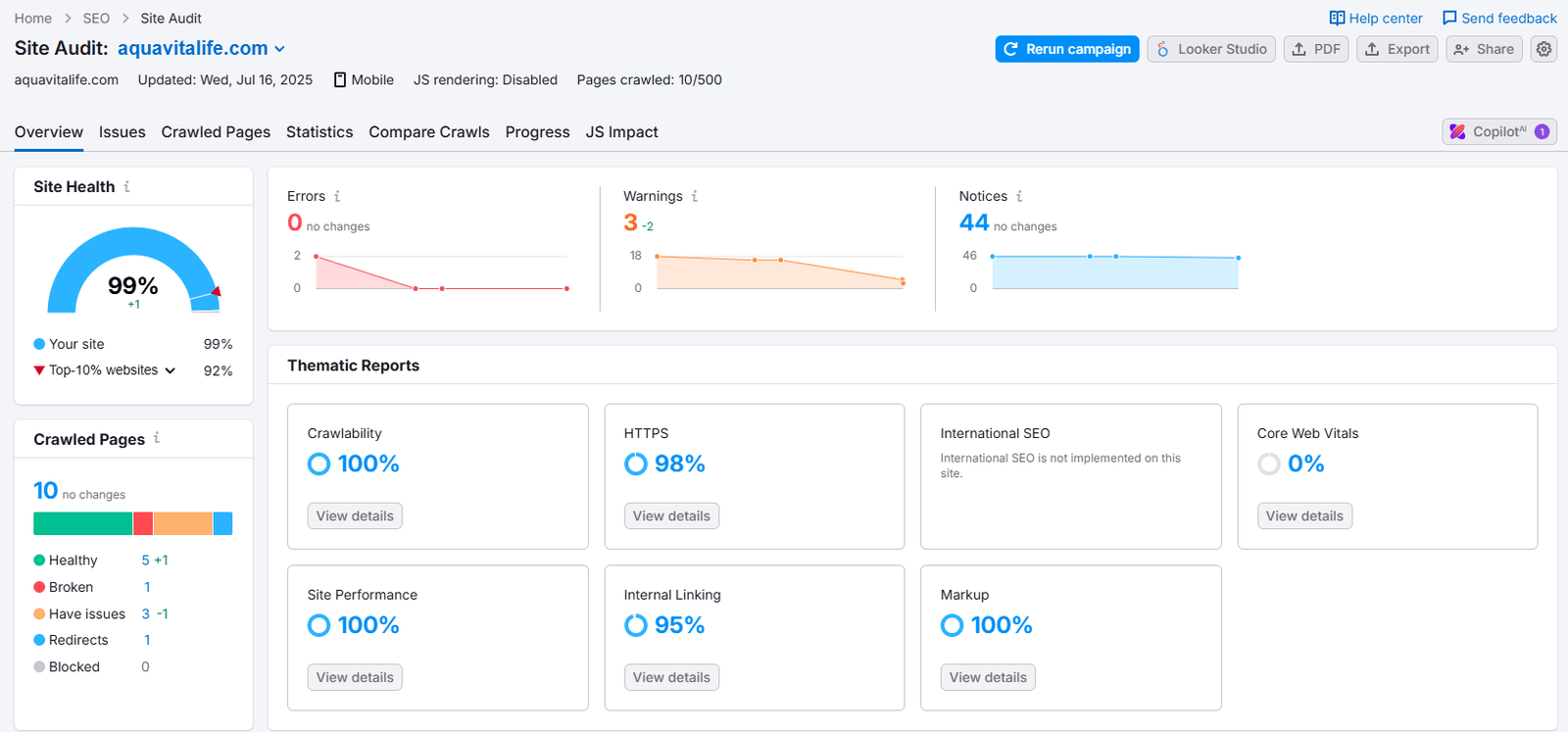 SEMrush Performance report after