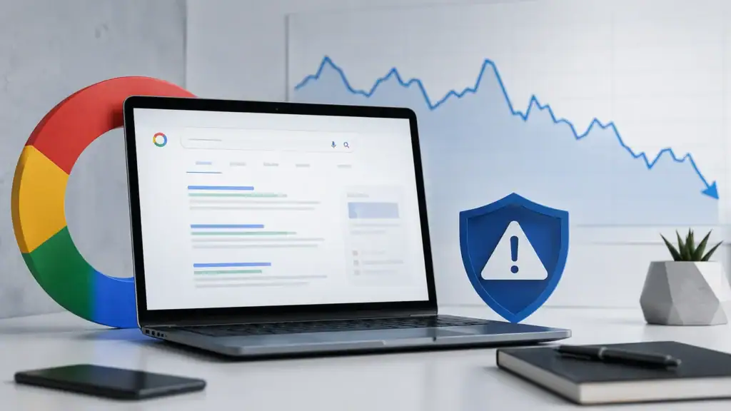 google spam update impact on search rankings with declining traffic graph, search results, and spam warning shield