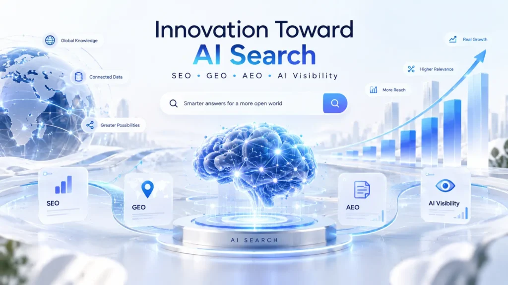 Innovation Toward AI Search graphic showing SEO, GEO, AEO and AI visibility concepts