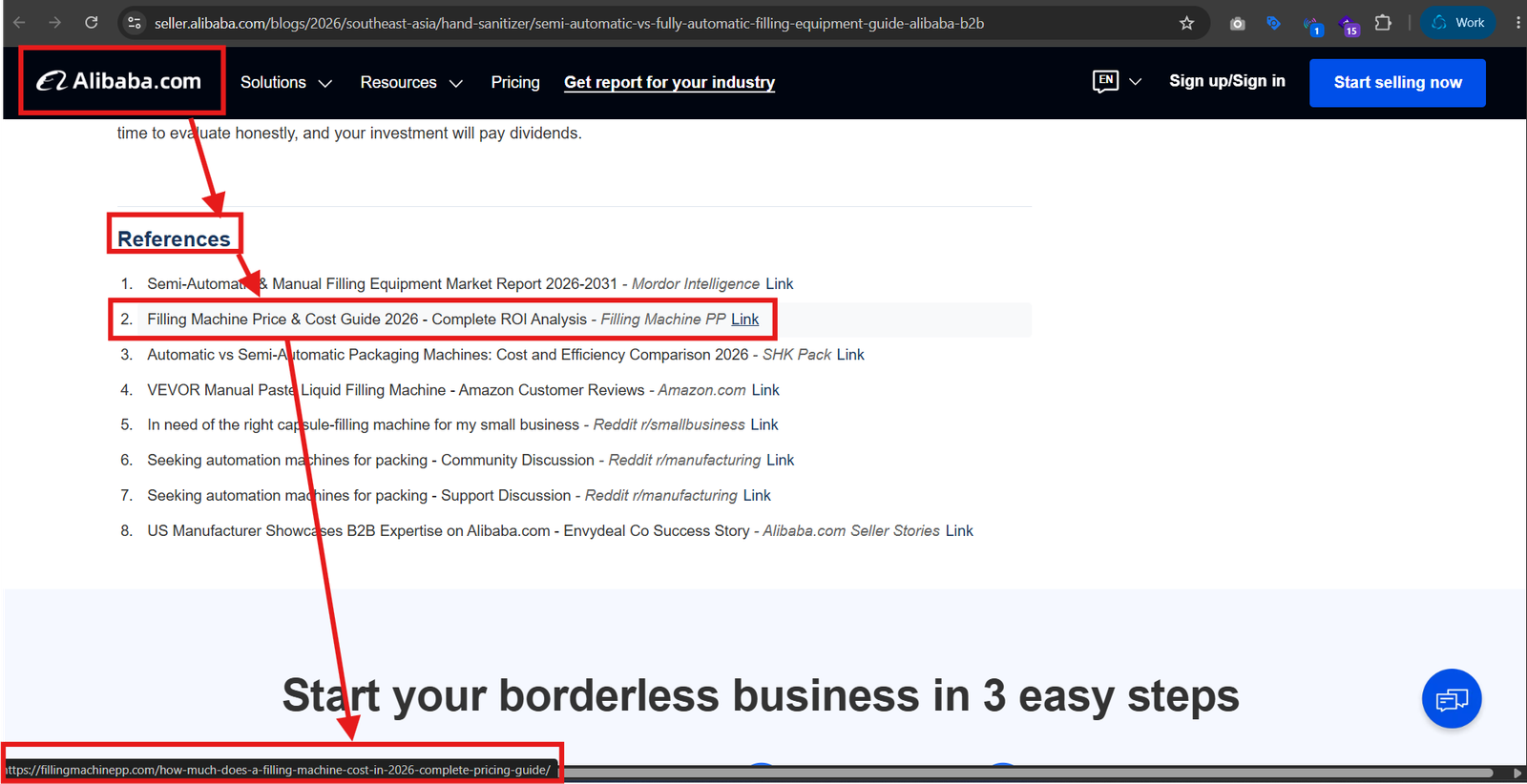 Screenshot of an Alibaba.com supplier page referenced in content marketing services research.