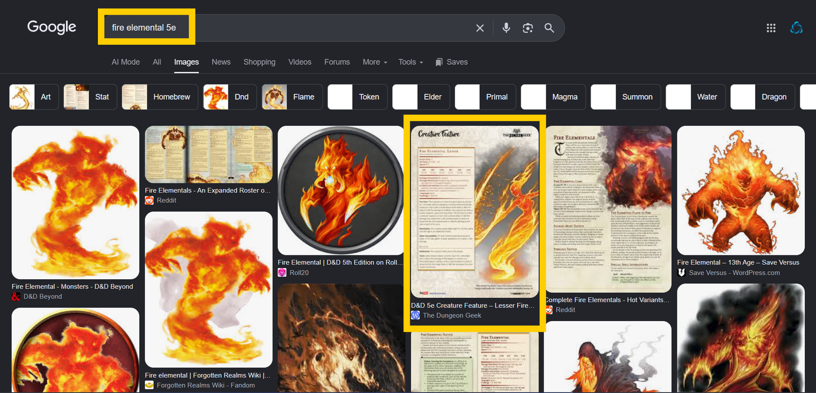 The Dungeon Geek's Lesser Fire Elemental creature content appearing in Google Images for "fire elemental 5e".