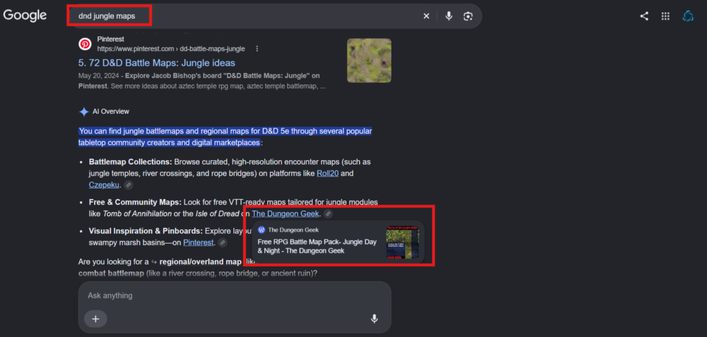 Google AI Overview citing The Dungeon Geek's free jungle battle maps for the search query "dnd jungle maps".