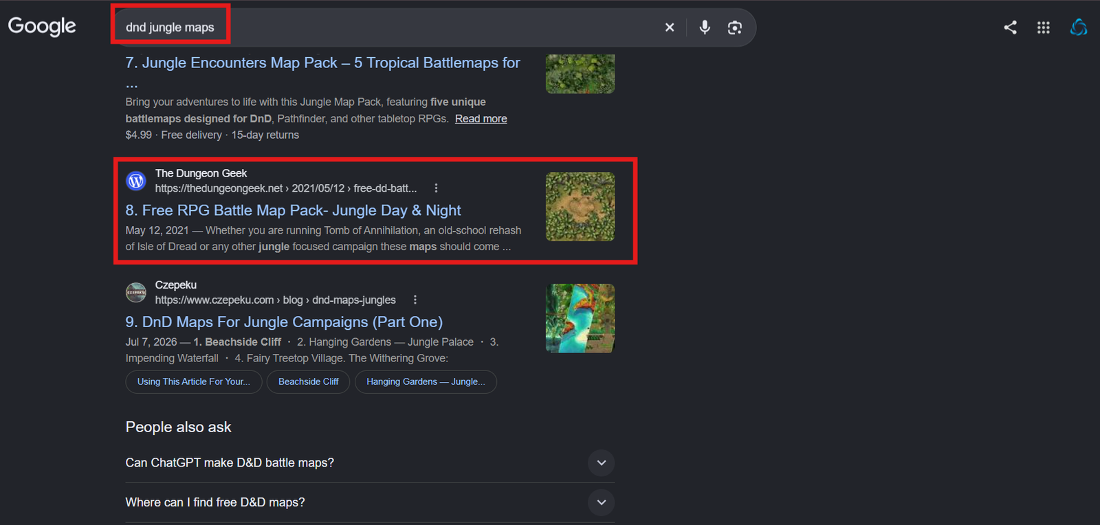 The Dungeon Geek ranking #8 on Google's first page for "dnd jungle maps" with its free RPG jungle battle map pack.