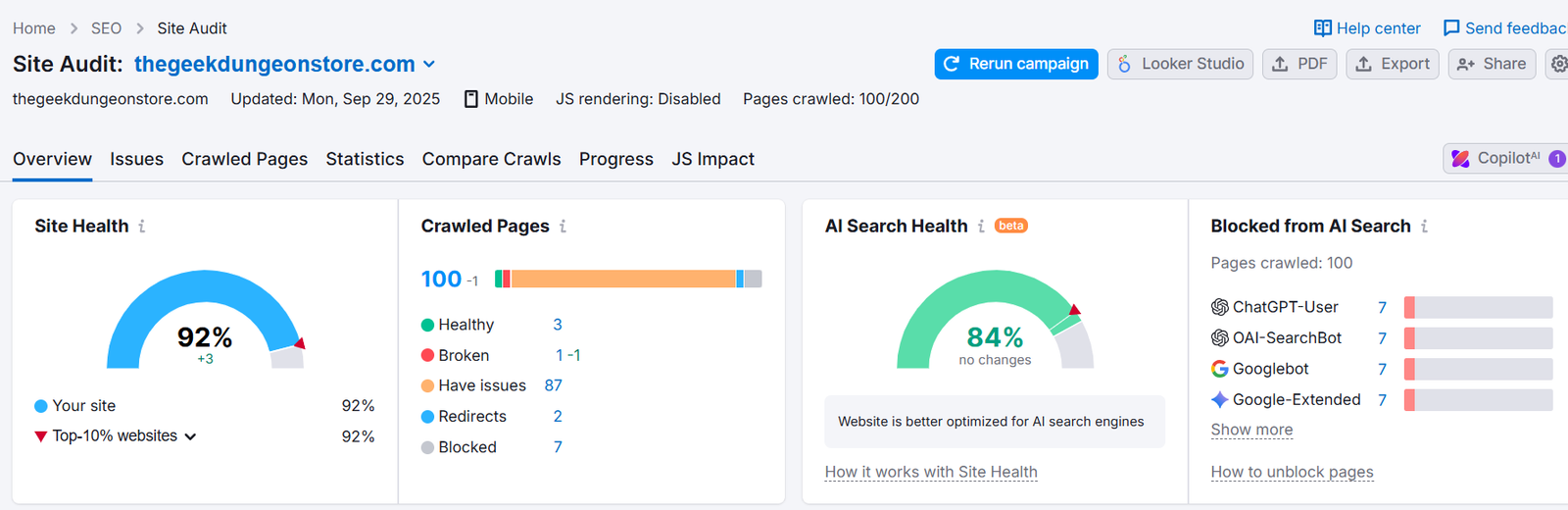 Semrush Site Audit showing The Dungeon Geek's Site Health at 92% and AI Search Health at 84% after SEO improvements.