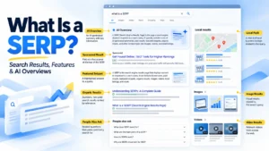 What Is a SERP visual showing AI Overview, sponsored results, featured snippets, organic results, People Also Ask, local pack, images and videos
