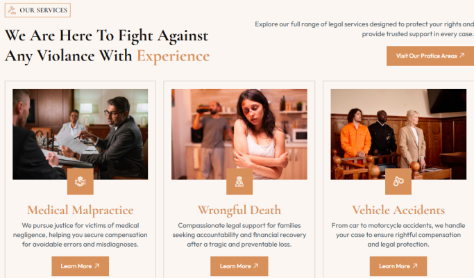 Injured Wrongfully services grid showing Medical Malpractice, Wrongful Death and Vehicle Accidents