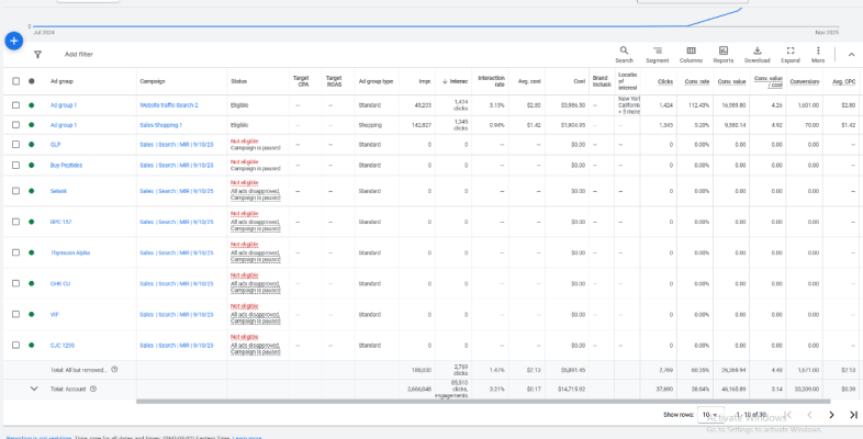 Google Ads ad group performance table showing clicks, conversions and cost data